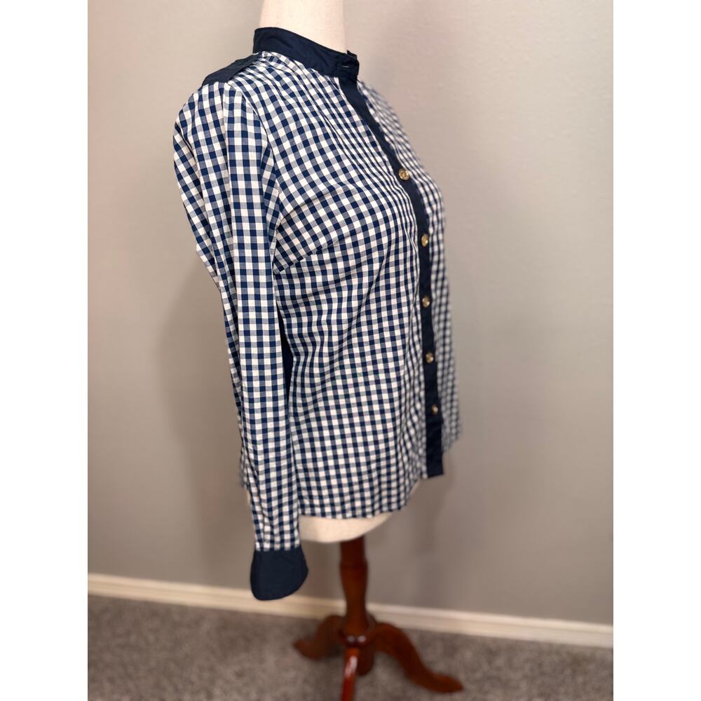 Tory Burch blouse navy blue white gingham long sleeve logo buttons epaulettes  6 - Picture 4 of 12